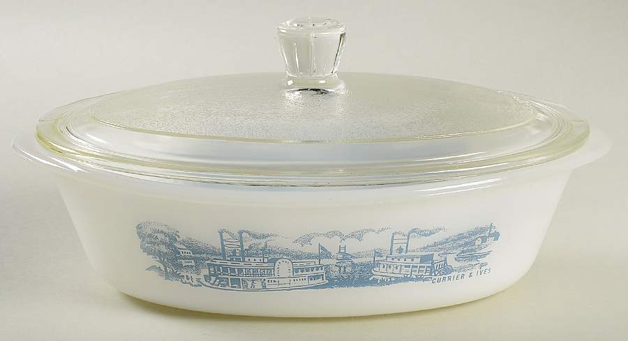 Currier and Ives Blue 1 Qt Oval Ovenware Casserole & Lid by Royal (USA)-1