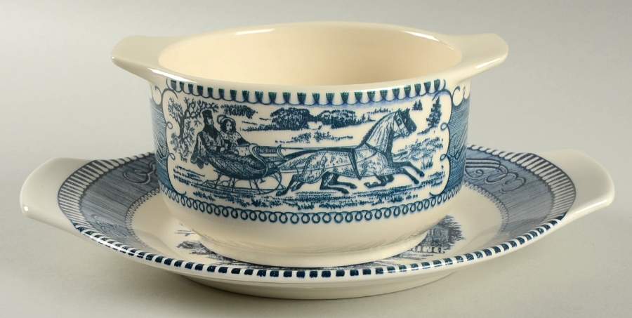 Currier and Ives Blue Gravy Boat & Underplate by Royal (USA)-1
