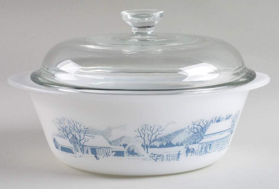Currier and Ives Blue 1 1/2 Quart Round Ovenware Casserole with Lid by Royal (USA)-1