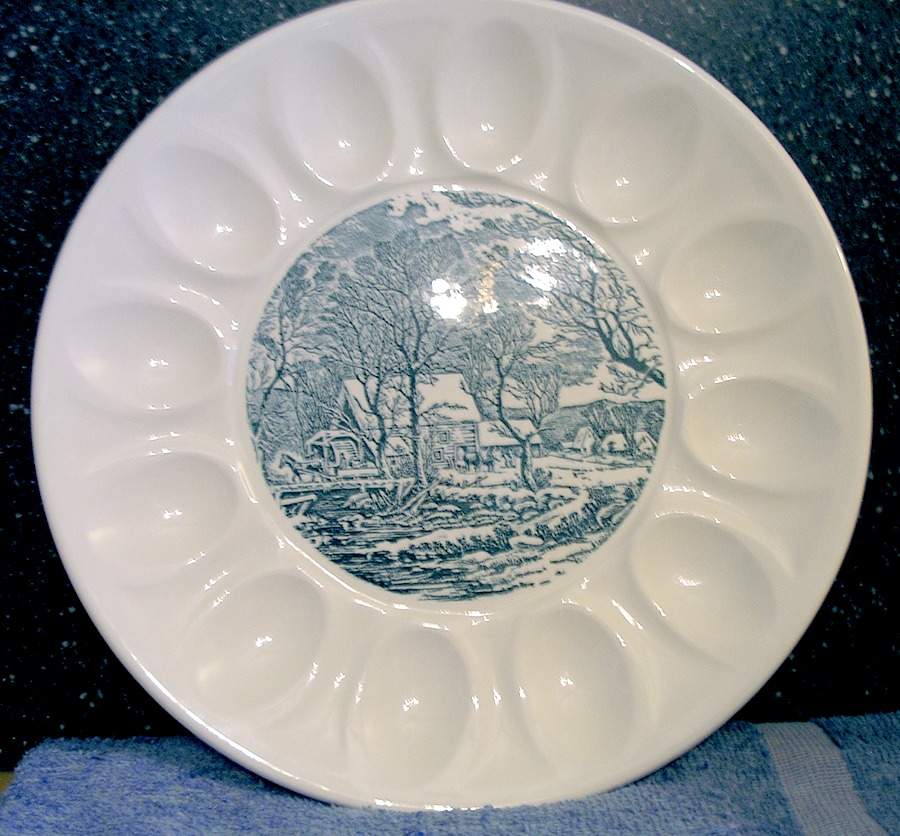 Currier and Ives Blue Deviled Egg Plate by Royal (USA)-1