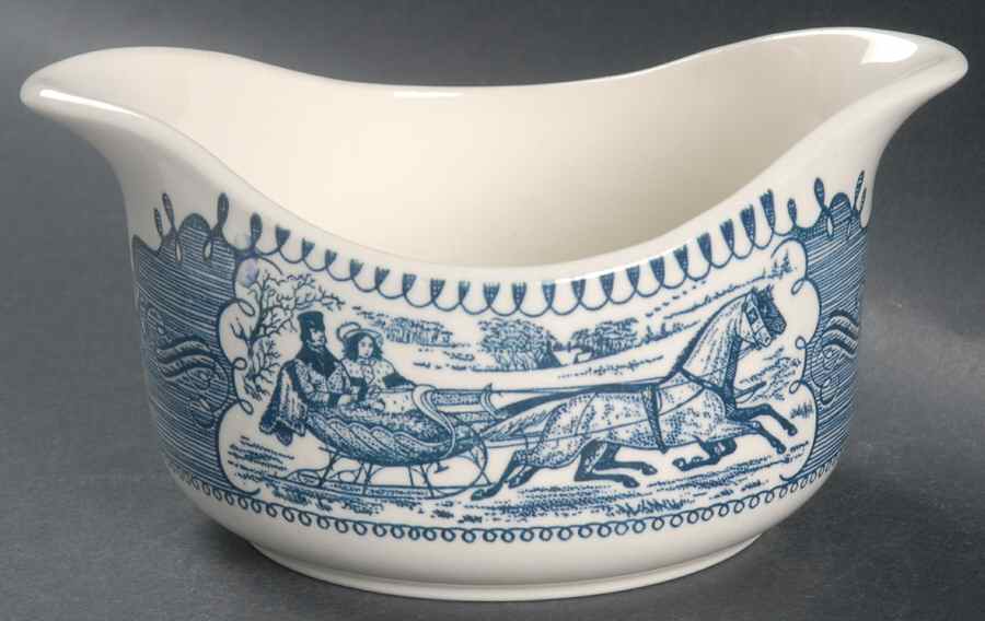 Currier and Ives Blue Gravy Boat by Royal (USA)-1