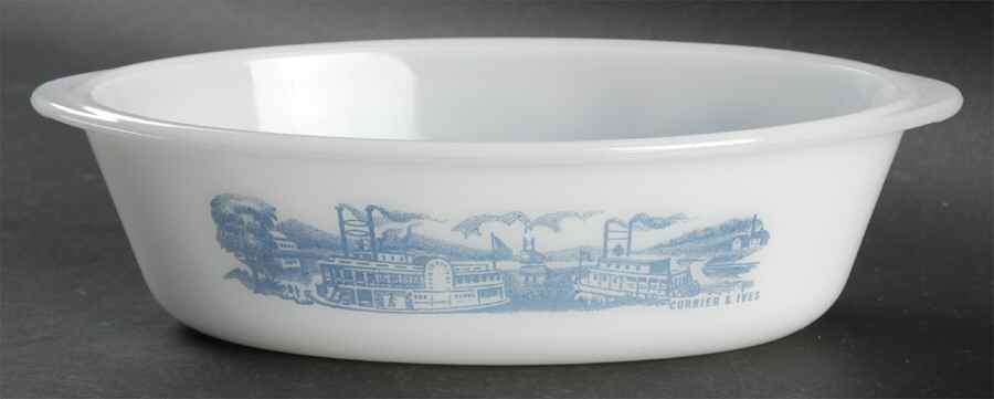 Currier and Ives Blue 1 Qt Oval Ovenware Casserole No Lid by Royal (USA)-1