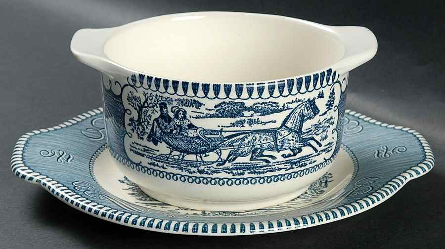 Currier and Ives Blue Gravy Boat & Underplate by Royal (USA)-1