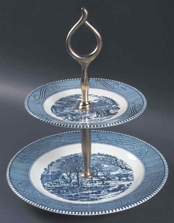Currier and Ives Blue 2 Tiered Serving Tray (Lunch & Bread/Butter Plate) by Royal (USA)-1