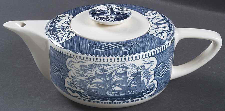 Currier and Ives Blue Teapot & Lid by Royal (USA)-1