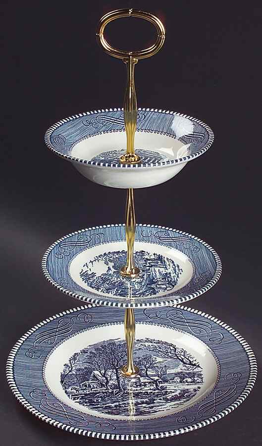 Currier and Ives Blue 3-Tiered Serving Tray (LP, BB, FR) by Royal (USA)-1