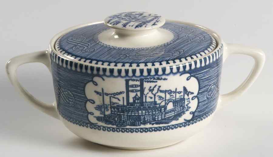 Currier and Ives Blue Sugar Bowl & Lid by Royal (USA)-1