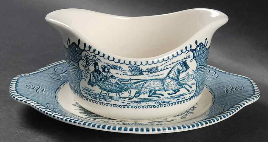 Currier and Ives Blue Gravy Boat & Underplate by Royal (USA)-1