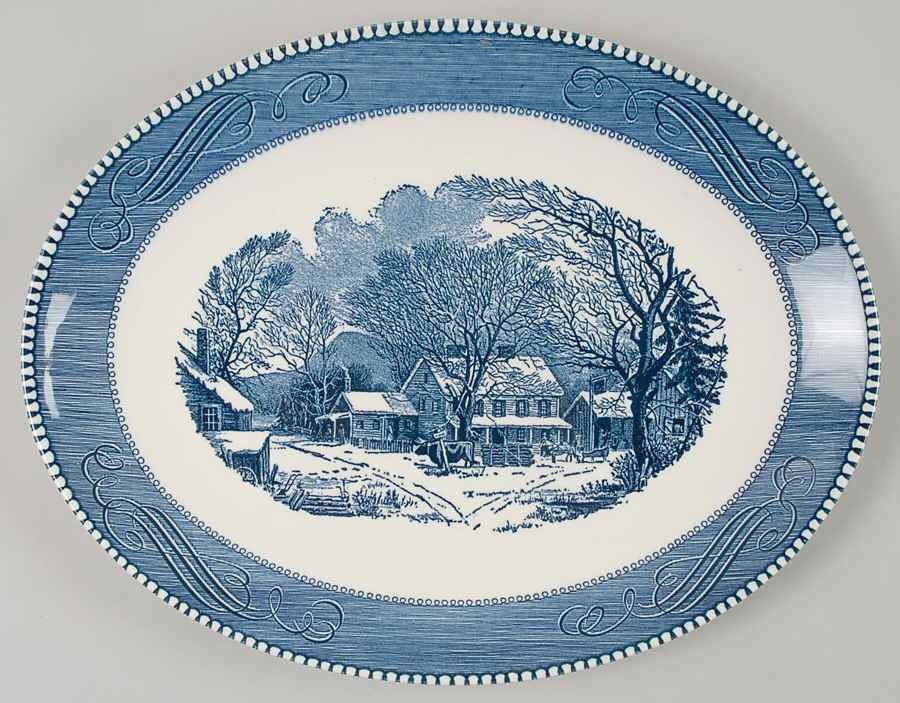 Currier and Ives Blue 13" Oval Serving Platter by Royal (USA)-1