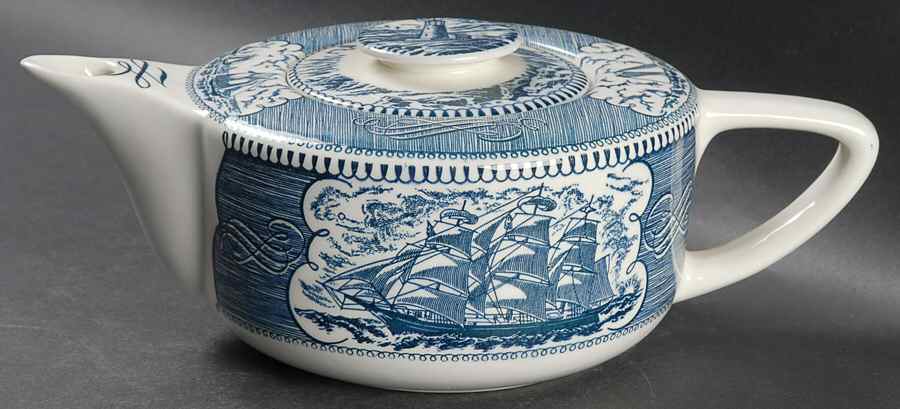Currier and Ives Blue Teapot & Lid by Royal (USA)-1