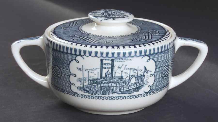 Currier and Ives Blue Sugar Bowl & Lid by Royal (USA)-1