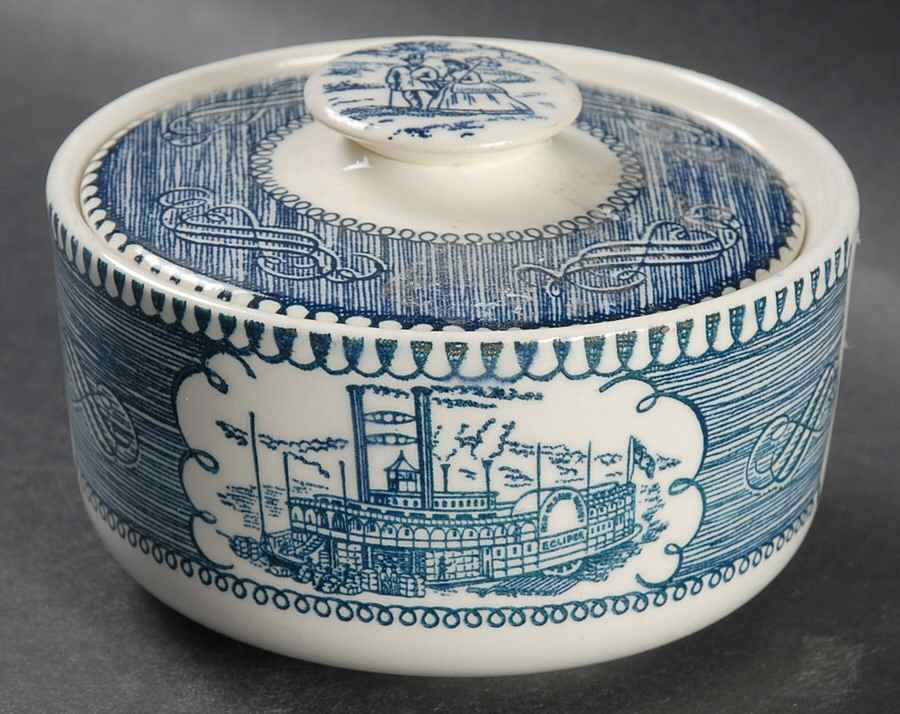 Currier and Ives Blue Sugar Bowl & Lid by Royal (USA)-1