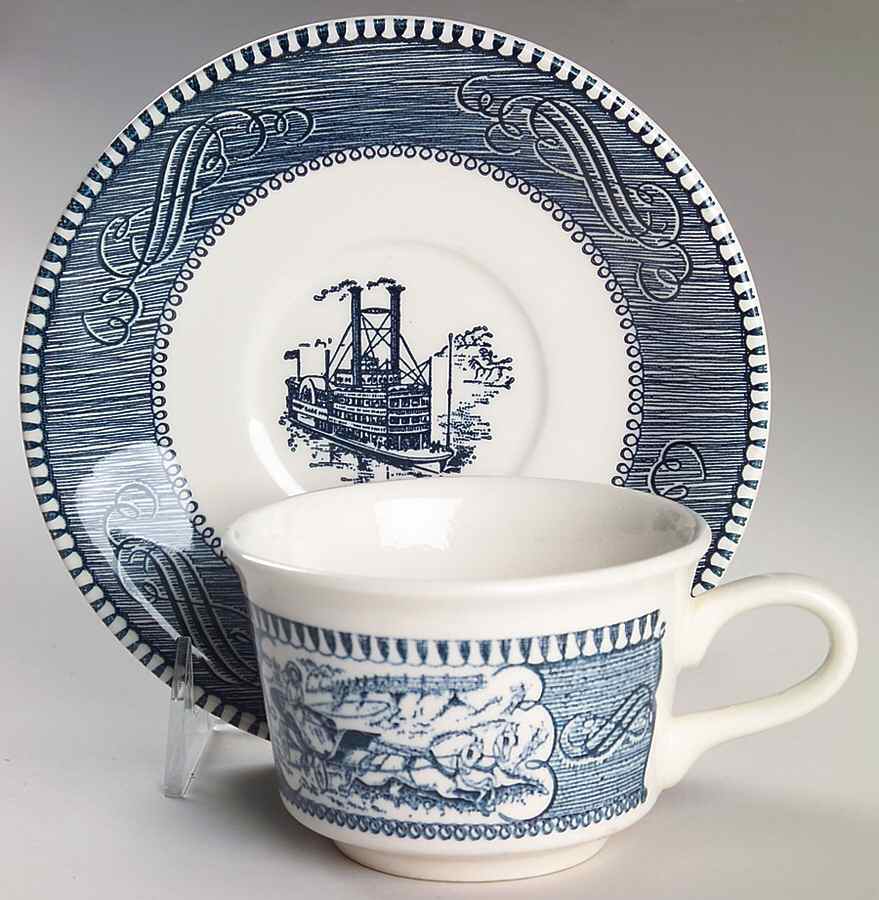 Currier and Ives Blue Flat Cup & Saucer Set by Royal (USA)-1