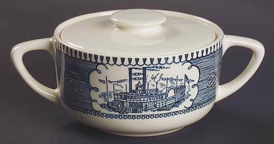Currier and Ives Blue Sugar Bowl & Lid by Royal (USA)-1