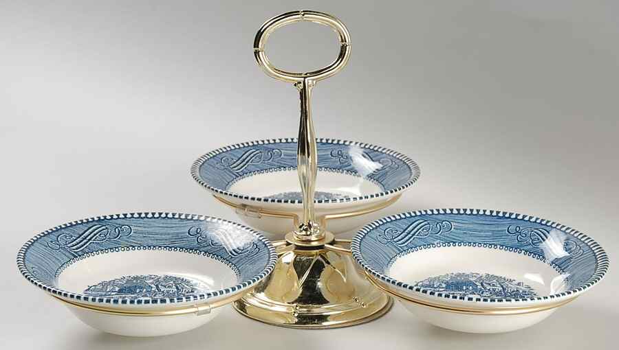 Currier and Ives Blue 7" x 12" 3-Part Relish & Metal Stand (FR) HC by Royal (USA)-1