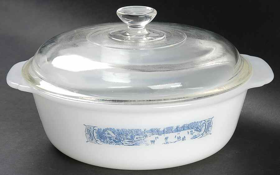Currier and Ives Blue 1 1/2 Quart Round Ovenware Casserole with Lid by Royal (USA)-1