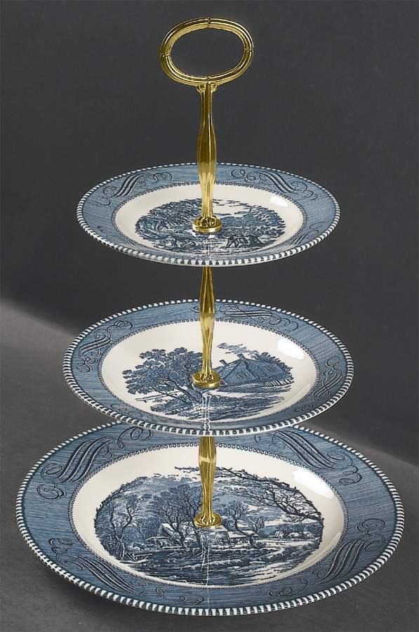 Currier and Ives Blue 13 7/8"-14 1/4" 3-Tiered Serving Tray(DP,SP,BB) HC by Royal (USA)-1