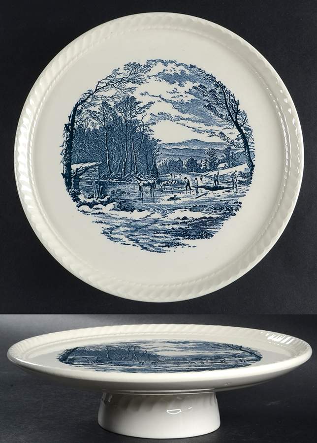 Currier and Ives Blue 10" Diameter Pedestal Cake Stand by Royal (USA)-1