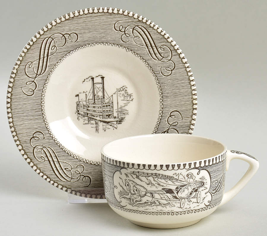 Currier and Ives Grey Flat Cup & Saucer Set by Royal (USA)-1