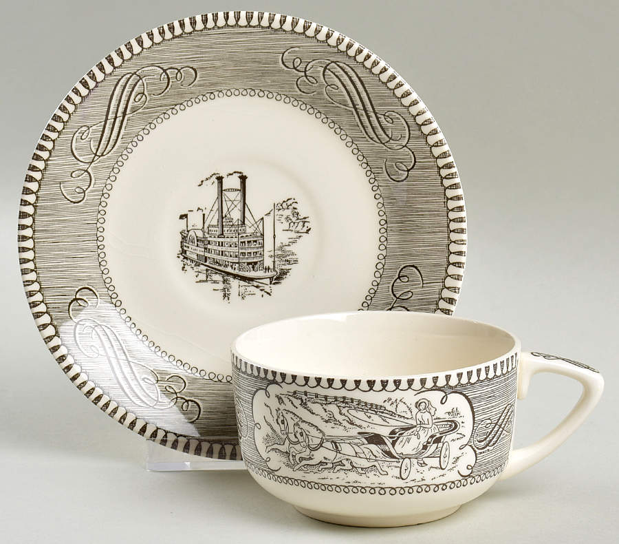 Currier and Ives Grey Flat Cup & Saucer Set by Royal (USA)-1