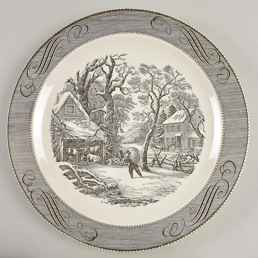 Currier and Ives Grey 13" Chop Plate (Round Platter) by Royal (USA)-1