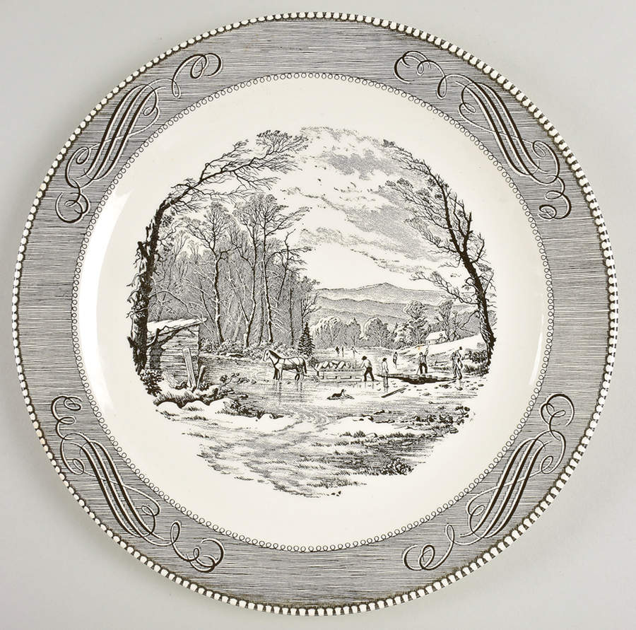 Currier and Ives Grey 12" Chop Plate (Round Platter) by Royal (USA)-1