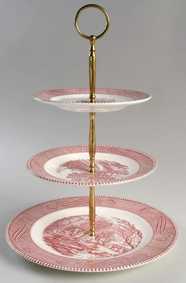 Currier and Ives Pink 3-Tiered Serving Tray (DP, SP, BB) by Royal (USA)-1