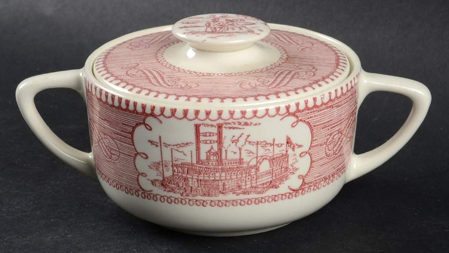 Currier and Ives Pink Sugar Bowl & Lid by Royal (USA)-1