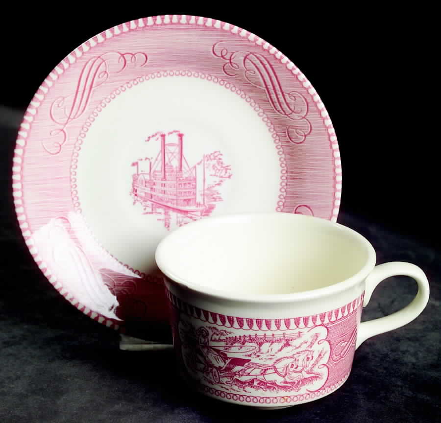 Currier and Ives Pink Flat Cup & Saucer Set by Royal (USA)-1