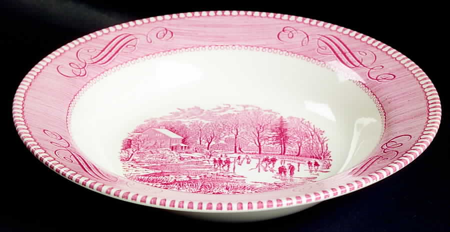 Currier and Ives Pink Rim Soup Bowl by Royal (USA)-1