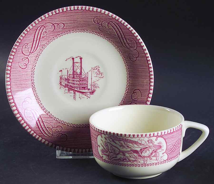 Currier and Ives Pink Flat Cup & Saucer Set by Royal (USA)-1