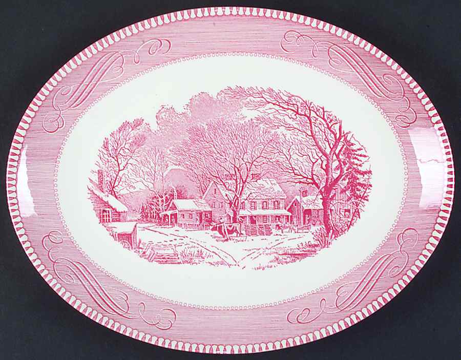 Currier and Ives Pink 13" Oval Serving Platter by Royal (USA)-1