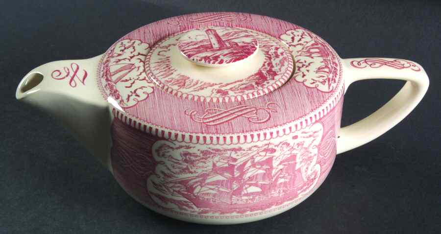 Currier and Ives Pink Small Teapot & Lid by Royal (USA)-1