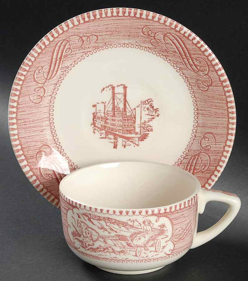 Currier and Ives Pink Flat Cup & Saucer Set by Royal (USA)-1