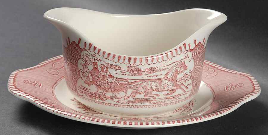 Currier and Ives Pink Gravy Boat & Underplate by Royal (USA)-1