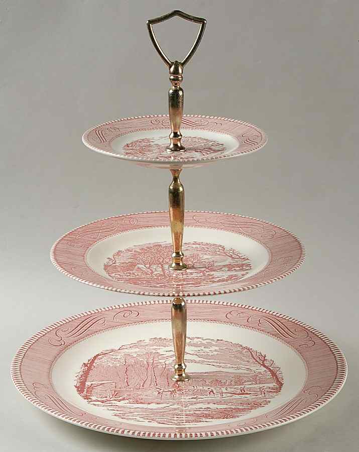 Currier and Ives Pink 3 Tiered Serving Tray (CH, LP, BB) by Royal (USA)-1
