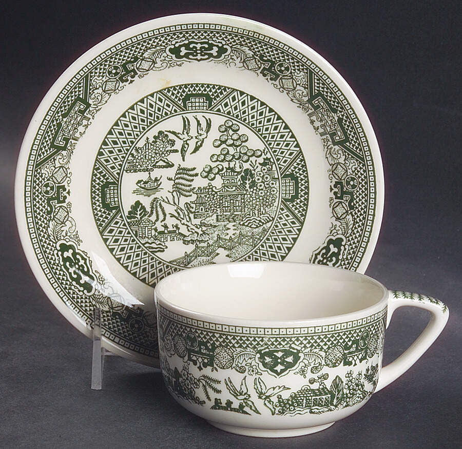 Green Willow Flat Cup & Saucer Set by Royal (USA)-1