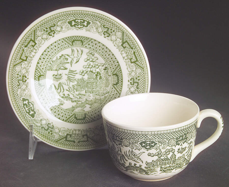 Green Willow Flat Cup & Saucer Set by Royal (USA)-1