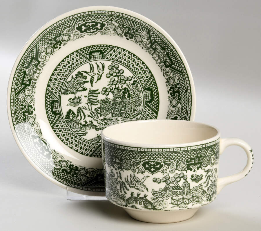 Green Willow Flat Cup & Saucer Set by Royal (USA)-1