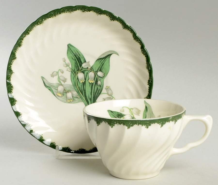 Lily of The Valley (Green Border) Flat Cup & Saucer Set by Royal (USA)-1