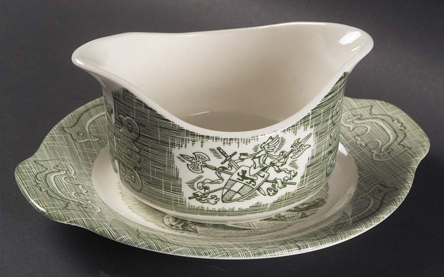 The Old Curiosity Shop (Green) Gravy Boat & Underplate/Relish by Royal (USA)-1