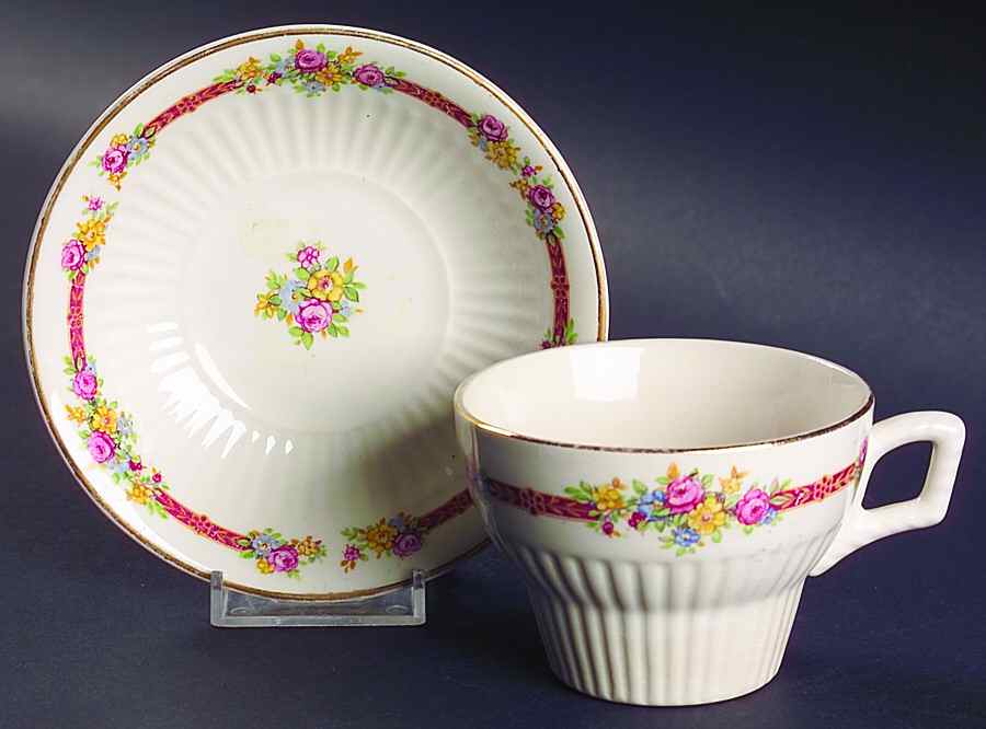 Ribbon Rose (Rim & Center Flower) Flat Cup & Saucer Set by Royal (USA)-1