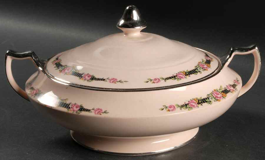 Ribbon Rose (Flowers On Rim Only) Round Covered Vegetable by Royal (USA)-1