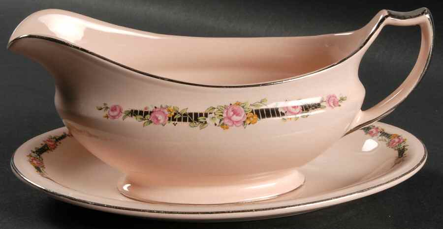 Ribbon Rose (Flowers On Rim Only) Gravy Boat & Underplate by Royal (USA)-1