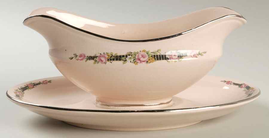 Ribbon Rose (Flowers On Rim Only) Gravy Boat with Attached Underplate by Royal (USA)-1