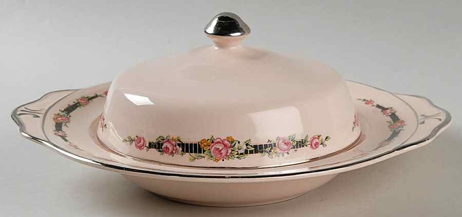 Ribbon Rose (Flowers On Rim Only) Round Covered Butter by Royal (USA)-1