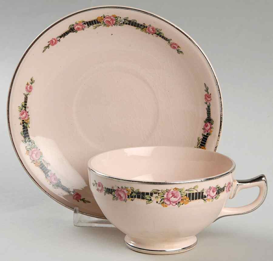 Ribbon Rose (Flowers On Rim Only) Footed Cup & Saucer Set by Royal (USA)-1
