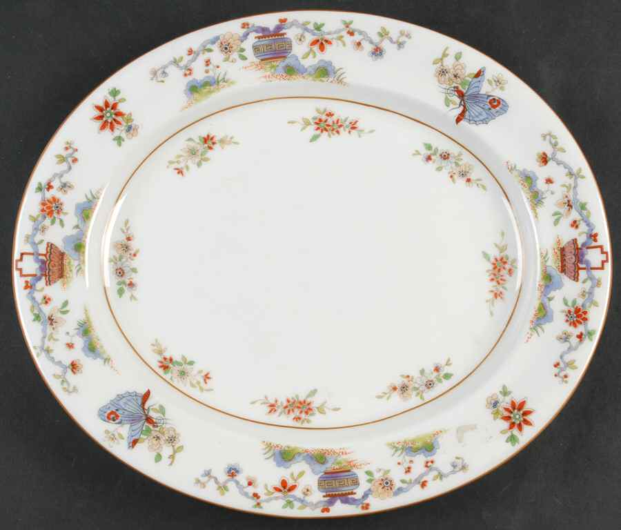 Pekin (White Background, Yellow Trim) 13" Oval Serving Platter by Royal Worcester-1