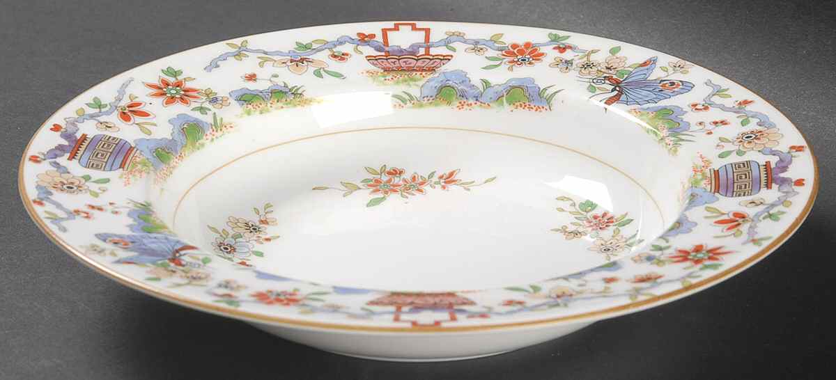 Pekin (White Background, Yellow Trim) Rim Soup Bowl by Royal Worcester-1