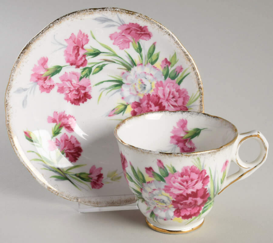 Carnation (Brushed Trim) Footed Cup & Saucer Set by Royal Stafford-1